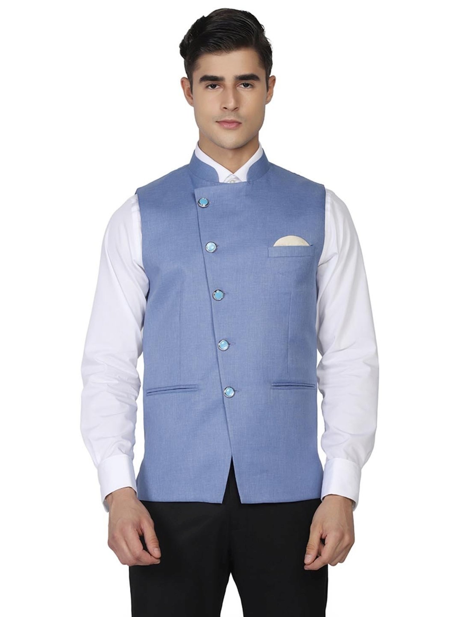 TAHVO Blue Satin Slim Fit Nehru Jacket
