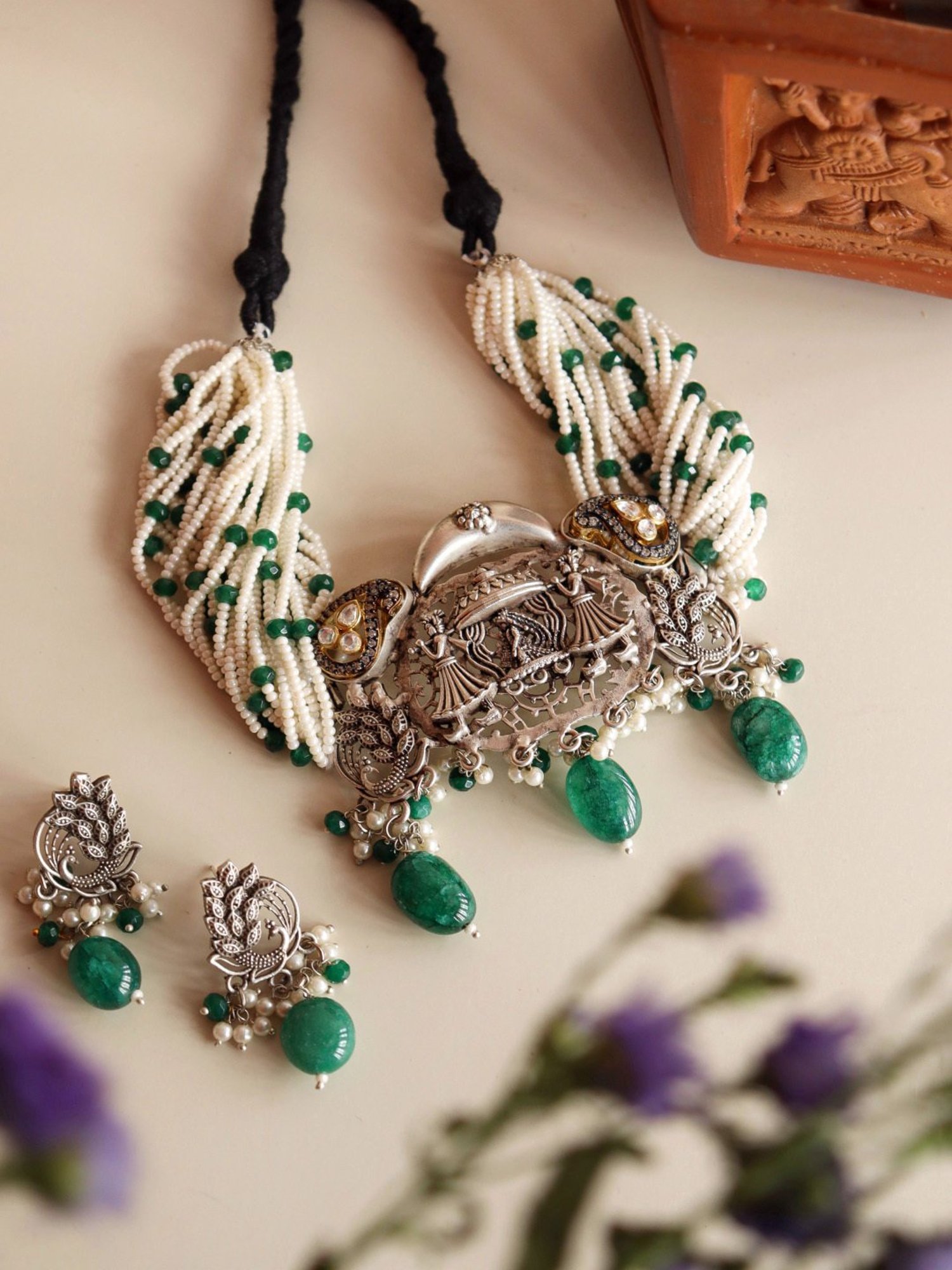 Curio Cottage Aria Oxidized Green Stone & Pearl Embellished Choker Necklace & Earring Set