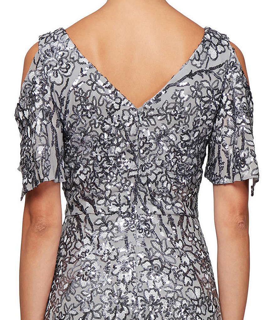Alex Evenings Sequin A-Line Flutter Cold Shoulder Sleeve V-Neck Long Gown