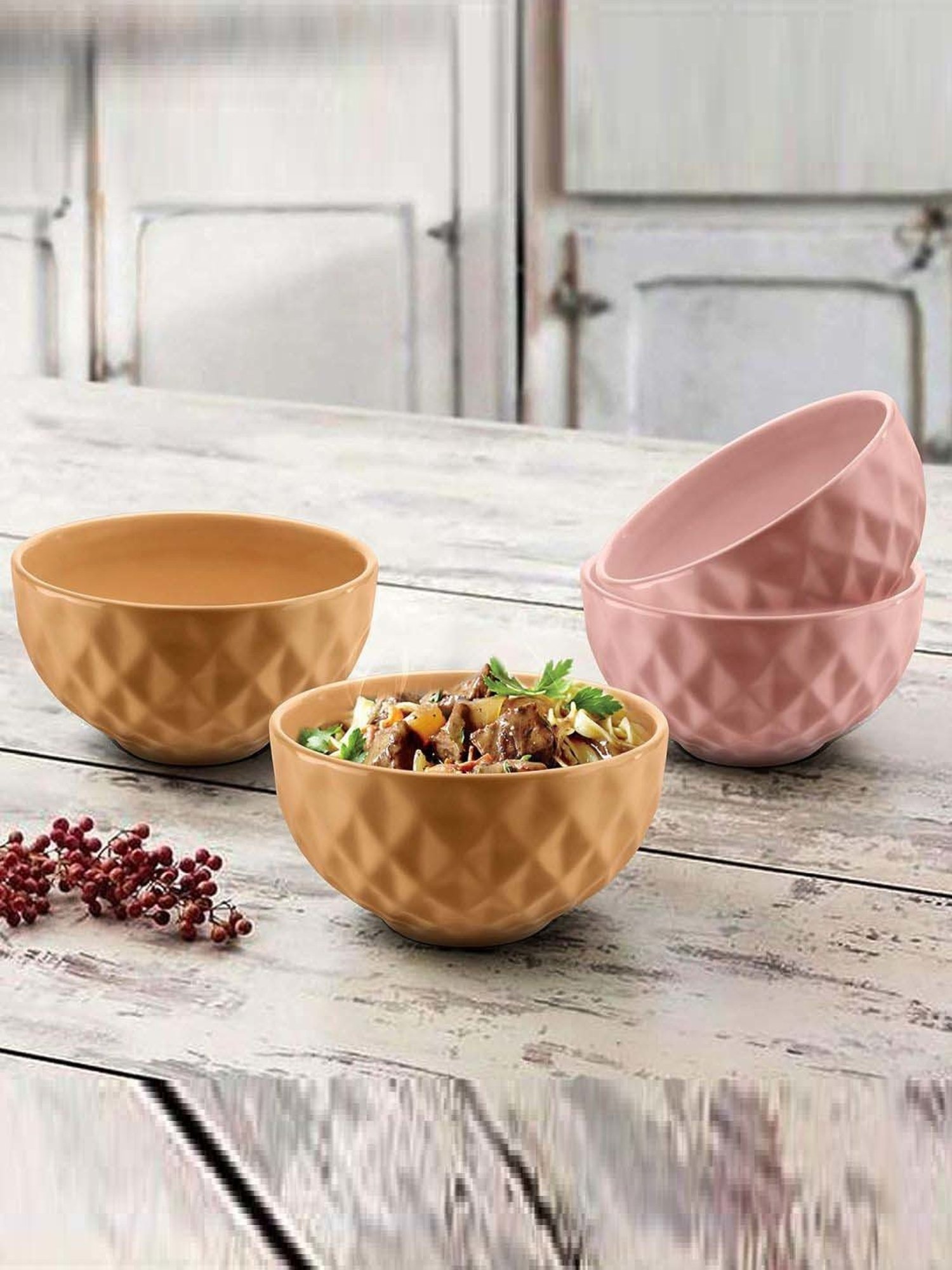 Urban Chef Pink & Brown Ceramic Handcrafted Microwave Safe Bowl (0.5 L) - Set of 4
