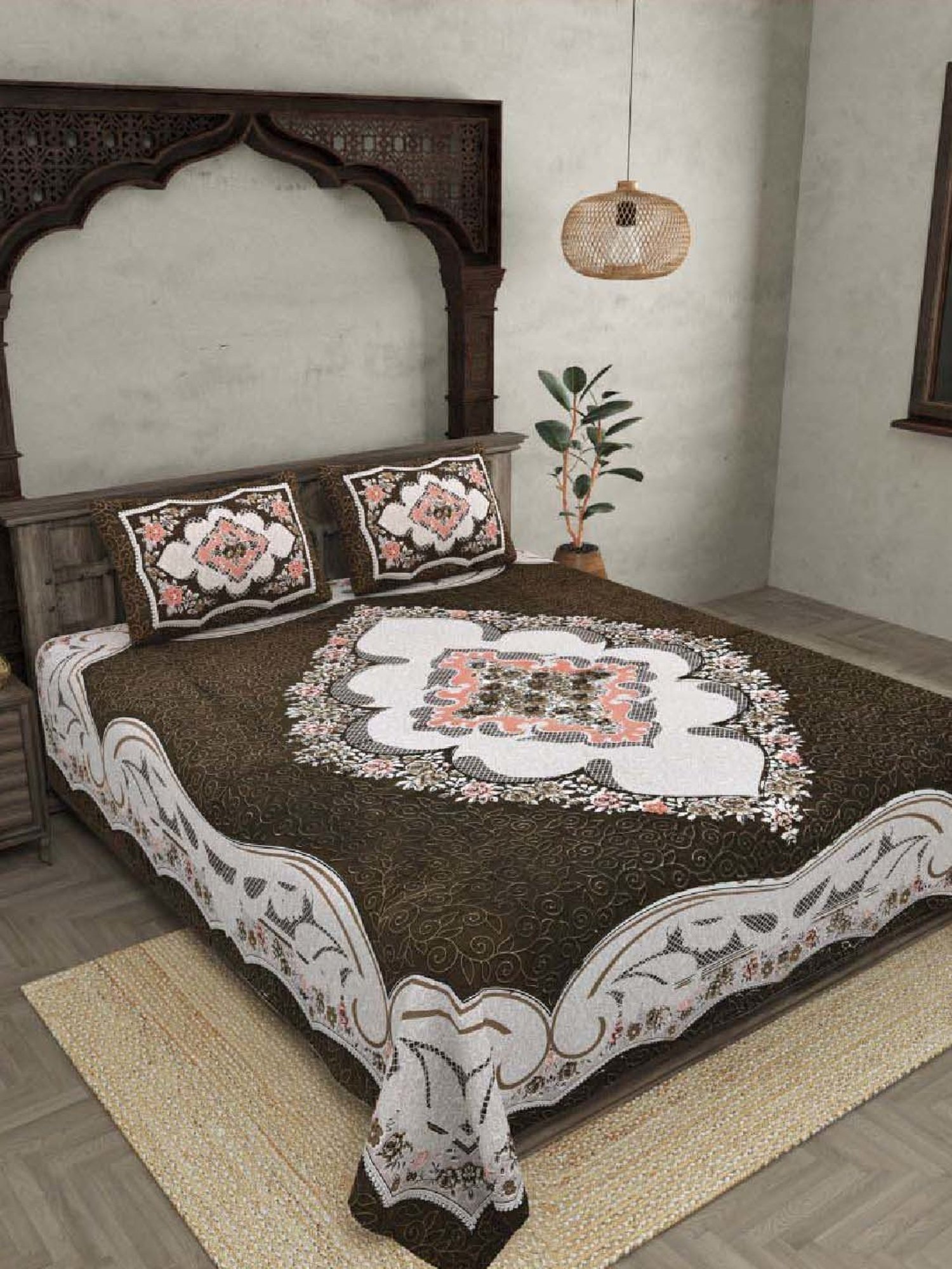 JaipurFabric Grey 240 TC 100% Cotton The Grand Sion Double Bedsheet with 2 Pillow Covers