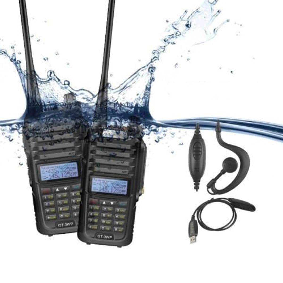 BaoFeng GT-3WP Dual Band Two-Way Radio, Waterproof Dustproof IP67 Walkie Talkie Transceiver, VHF/UHF 136-174/400-520MHz, with Programming Cable, Black, 2 Pack