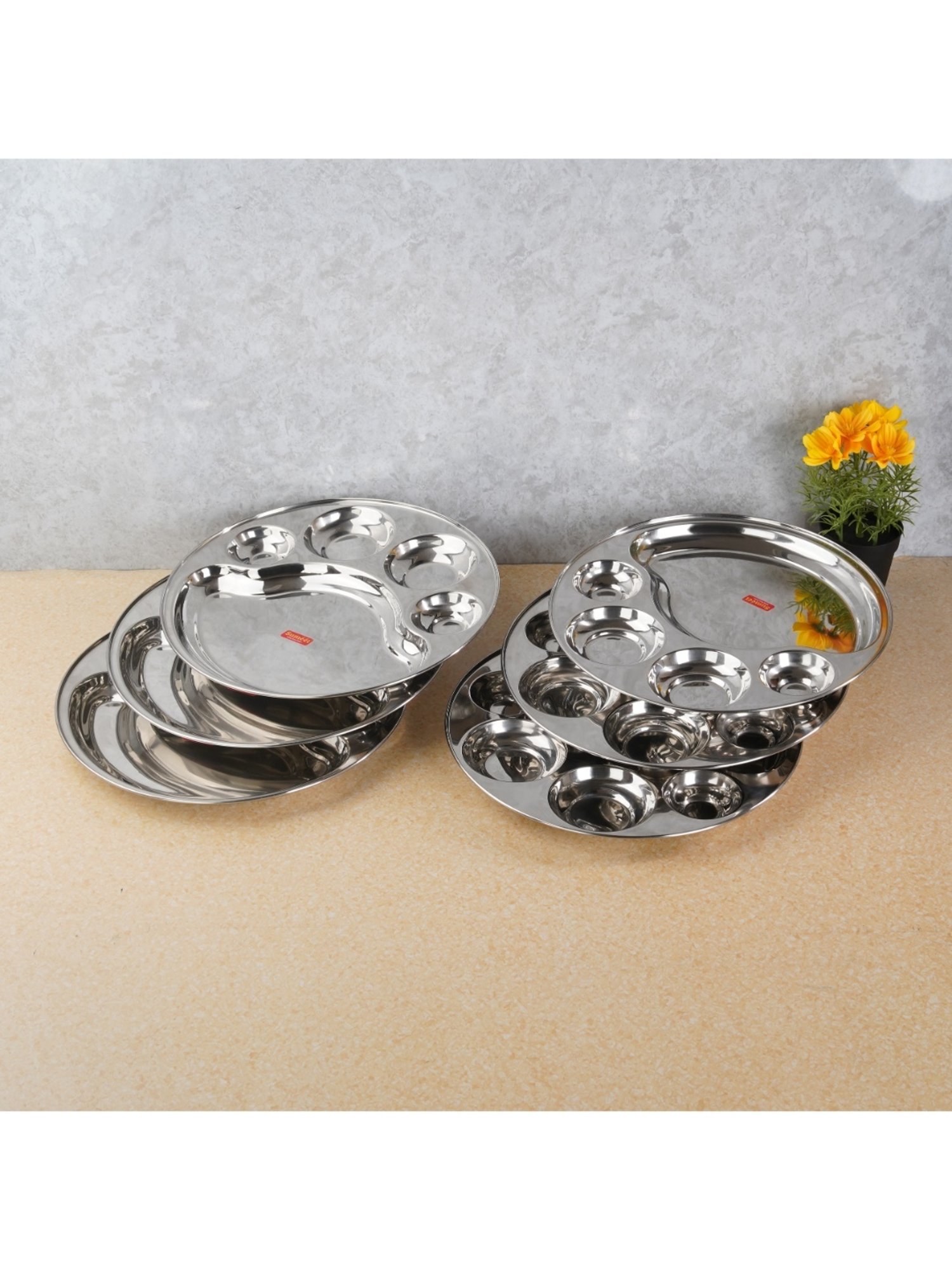 Sumeet Stainless Steel Round 5 in 1 Compartment Lunch / Dinner Plate Set of 6Pcs, 31cm Dia, Silver