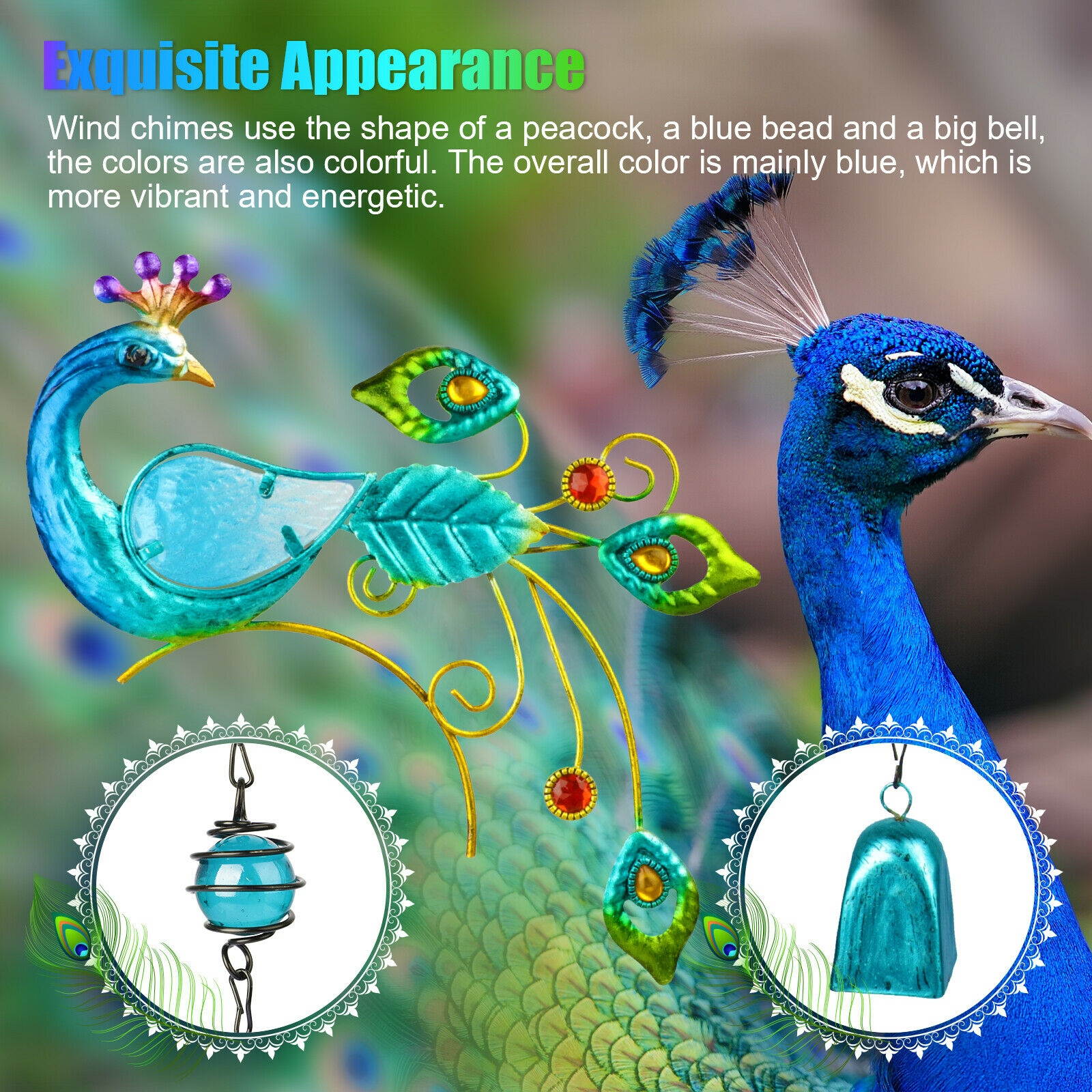 1/2Pcs Garden Peacock Wind Chimes Outdoor Hanging Iron Bell Decor Home Ornament