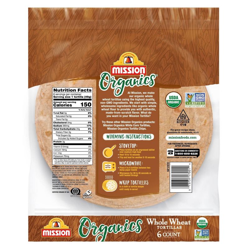Mission Taco Size Organic Whole Wheat Tortillas - 10.5oz/6ct