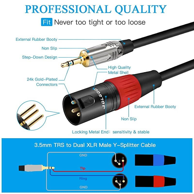 3.5 mm TRS to Dual XLR Male Pro Stereo Breakout Cable, 1/8" TRS Stereo to 2 XLR Male Y Splitter Patch Microphone Cable, 6.6 Feet -