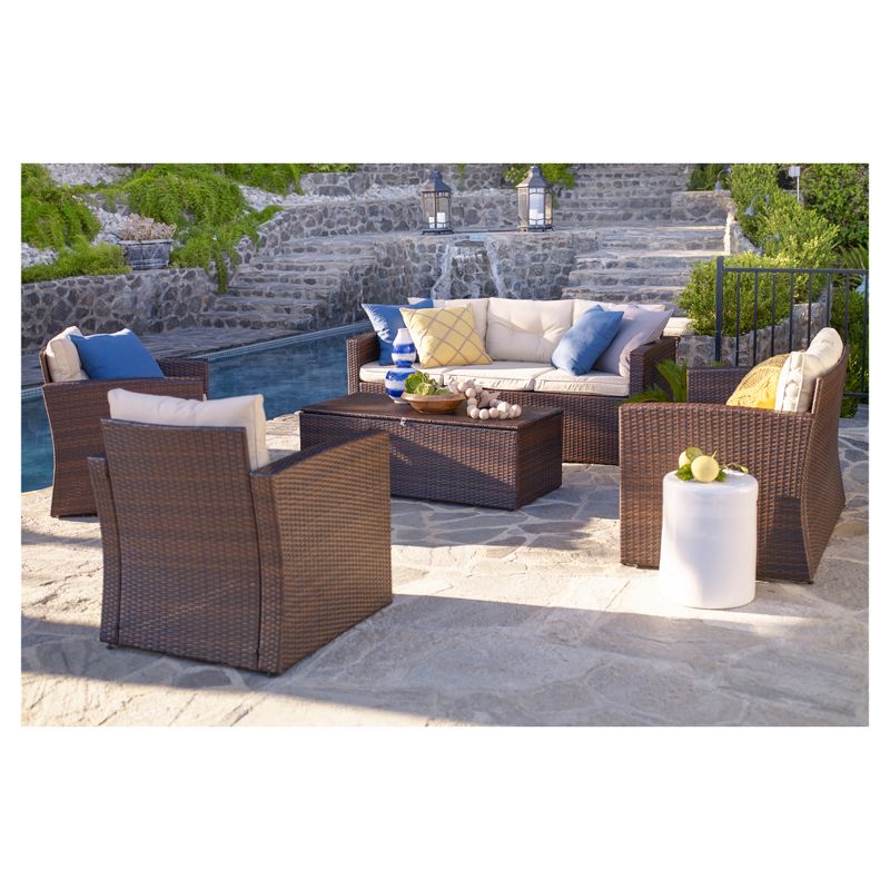 Rio 5pc All - Weather Wicker Conversation Set with Storage - Dark Brown with Beige Cushions - Thy Hom