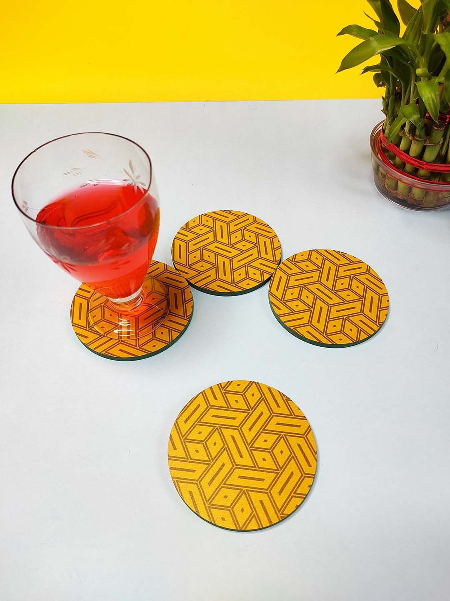 Crayton Yellow Wooden Abstract Printed Round Coasters - Set of 4
