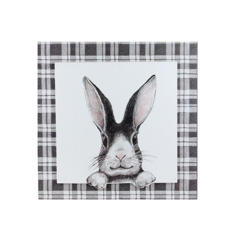 Raz Imports 10" Decorative Black and White Bunny Rabbit Drawing on Plaid Wall Art