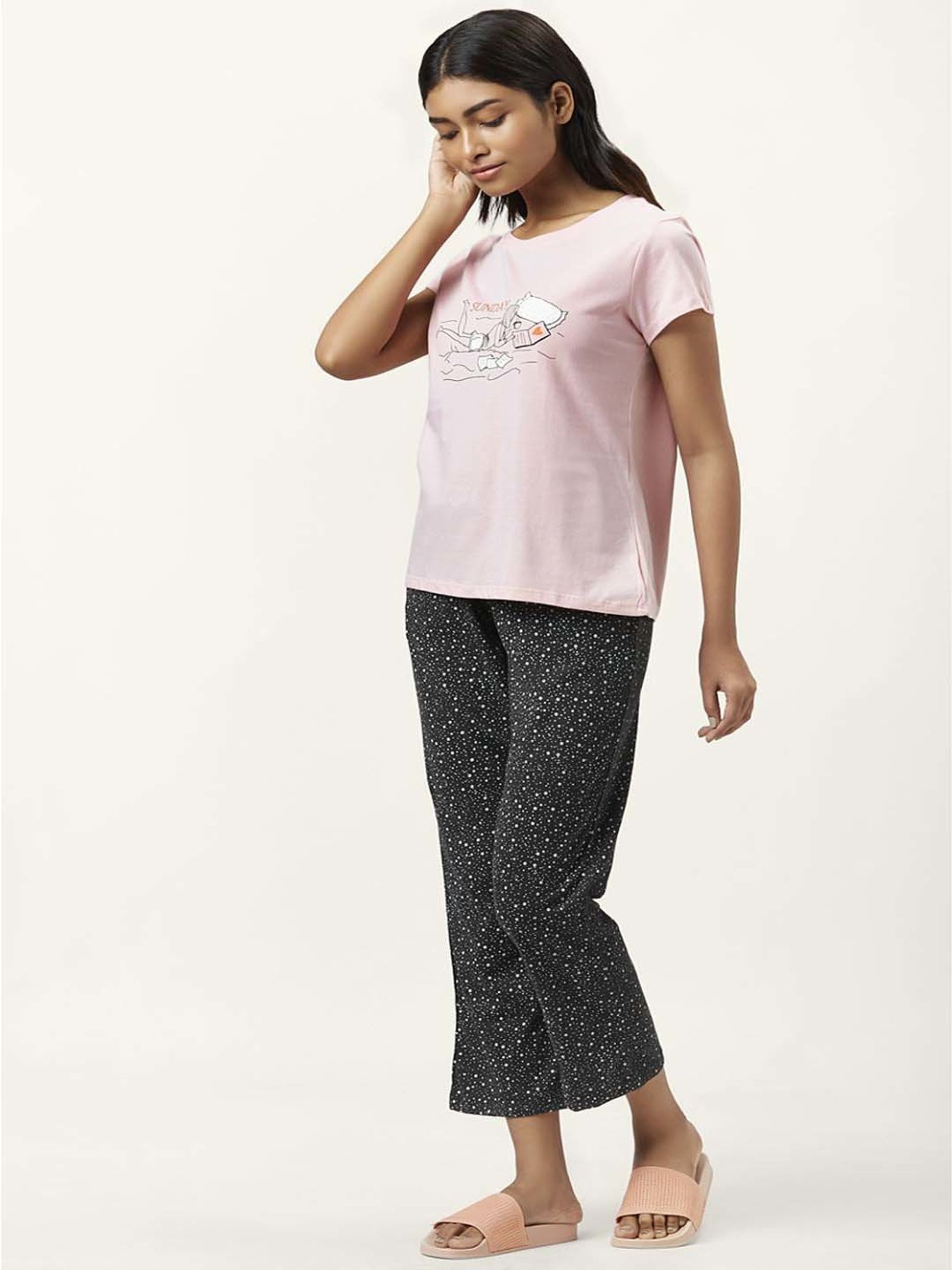 Dreamz by Pantaloons Pink & Black Cotton Printed T-Shirt & Pyjama Set