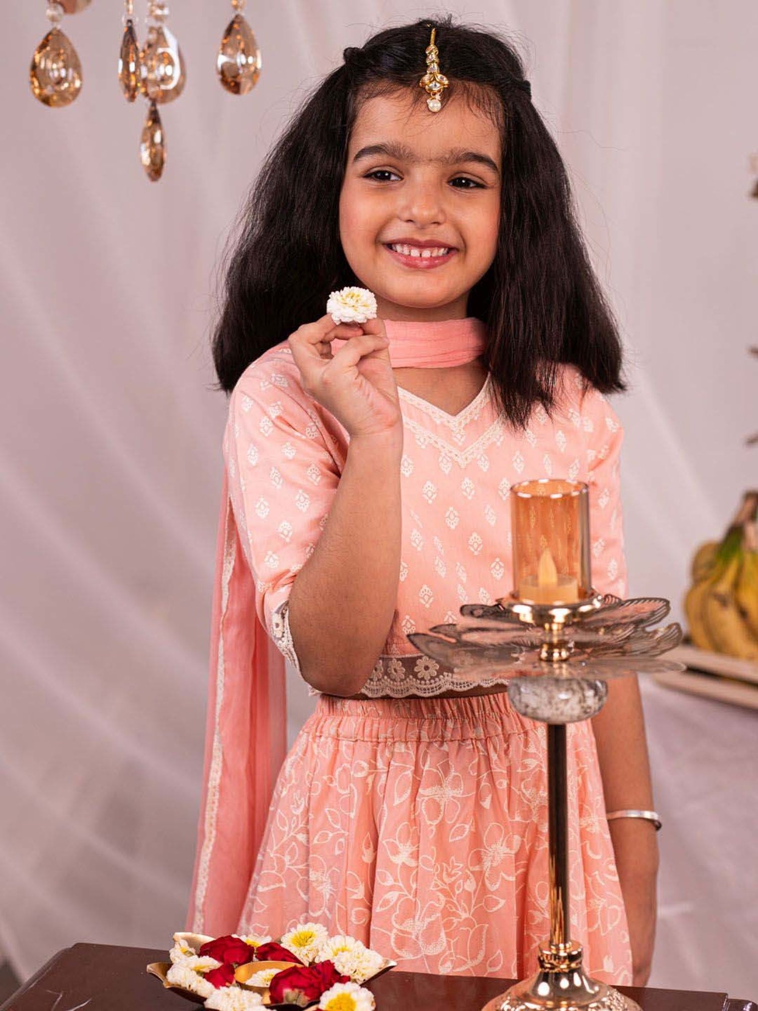 A Little Fable Kids Blue Printed Lehenga with Choli & Dupatta