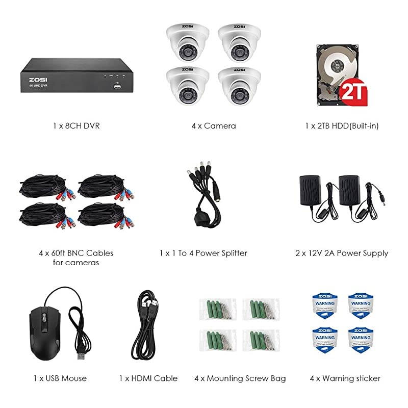 4K Ultra HD Security Cameras System with 2TB Hard Drive, 8Channel H.265+ 4K (3840x2160) Video DVR and 4PCS 4K (8MP) Indoor Outdoor Home Surveillance Dome CCTV Cameras with 150ft Night Vision