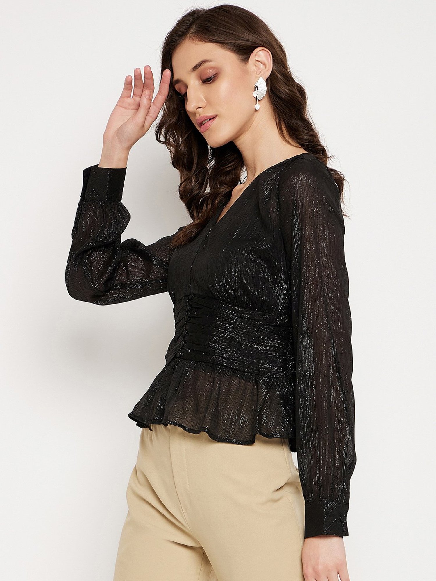 MADAME Black Textured Peplum Top