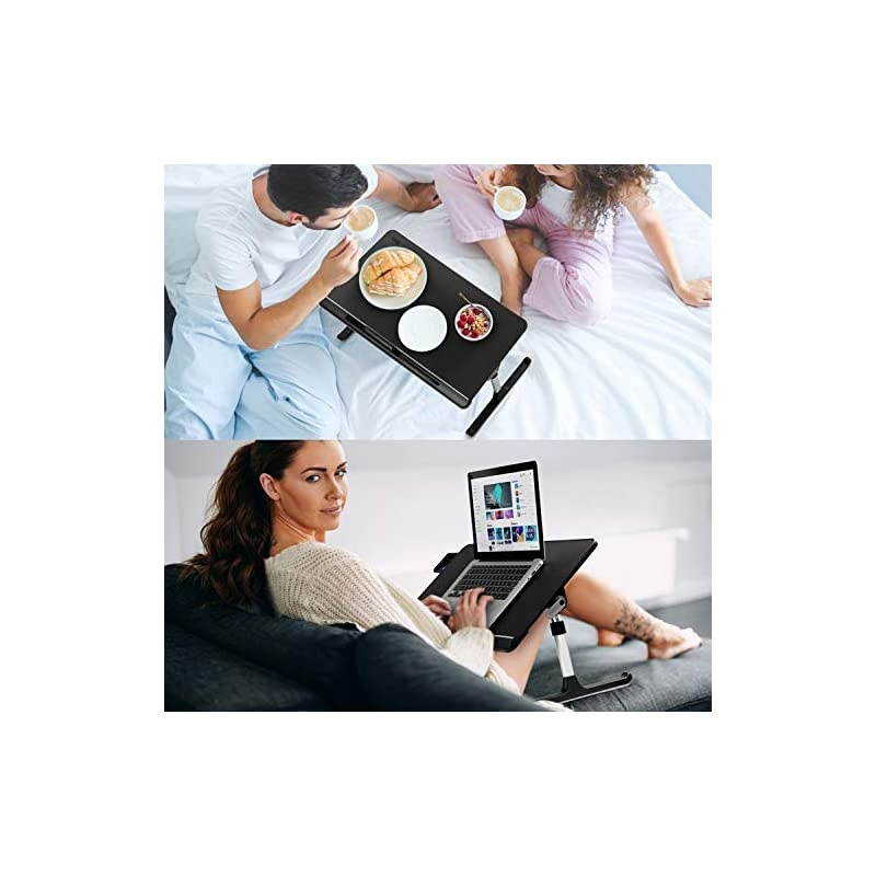 Laptop Table Stand Desk  Adjustable PVC Leather Laptop Bed Table Portable Standing Desk with Storage Drawer Foldable Lap Tablet Desk for Sofa Couch Floor LargeBlack