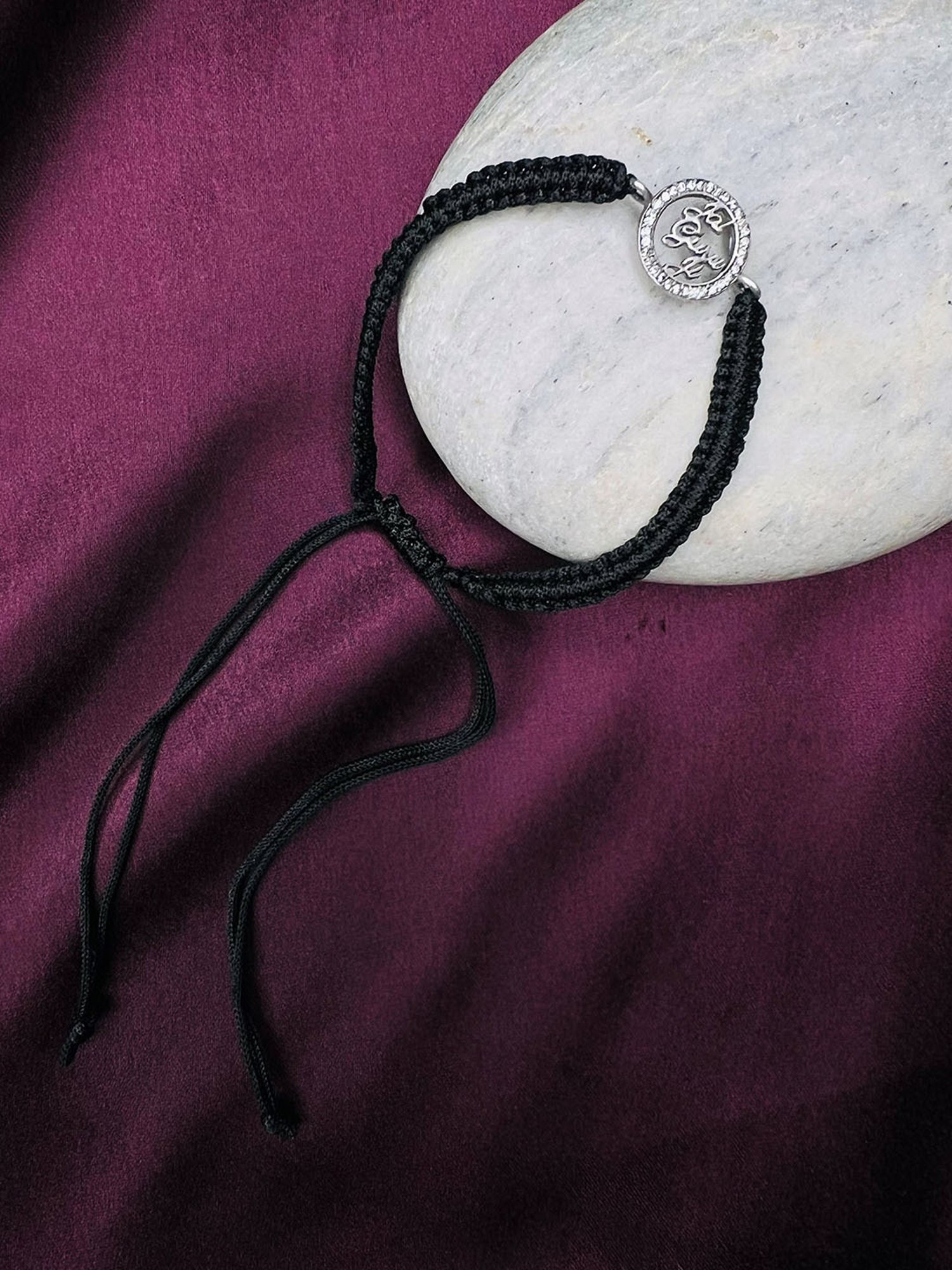 Arte Jewels 925 Silver Jai Guru Ji Initial Black Thread Adjustable Zirconia Bracelet for Women/Girls