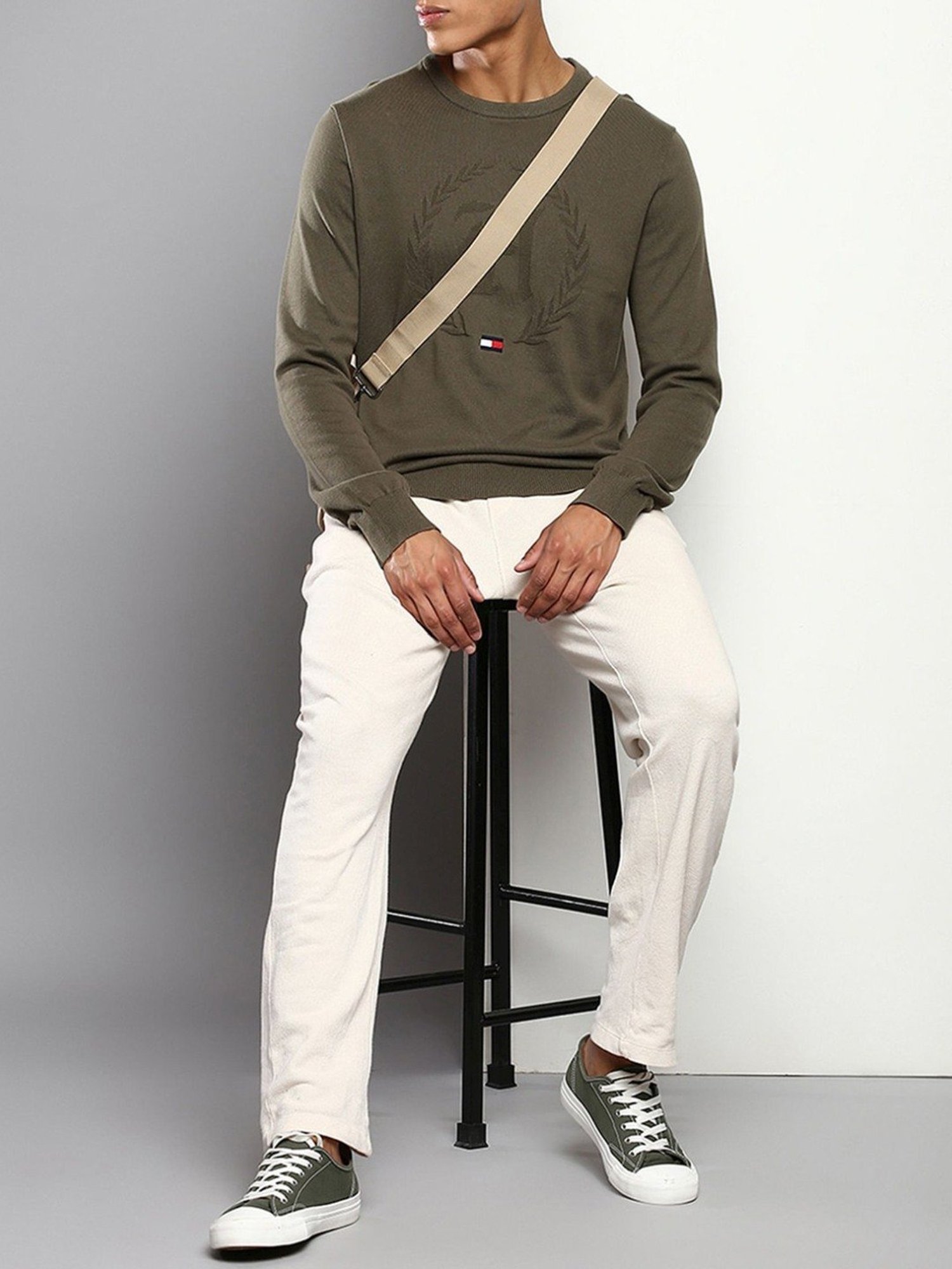 Tommy Hilfiger Army Green Cotton Regular Fit Logo Printed Sweaters