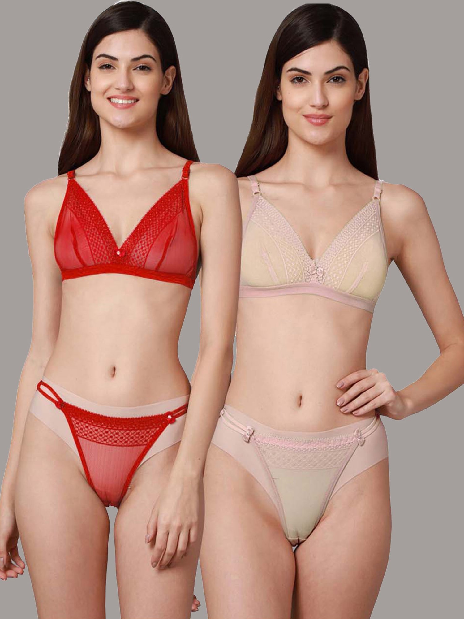 AROUSY Red & Beige Self Pattern Bra Panty Set - Pack Of 2