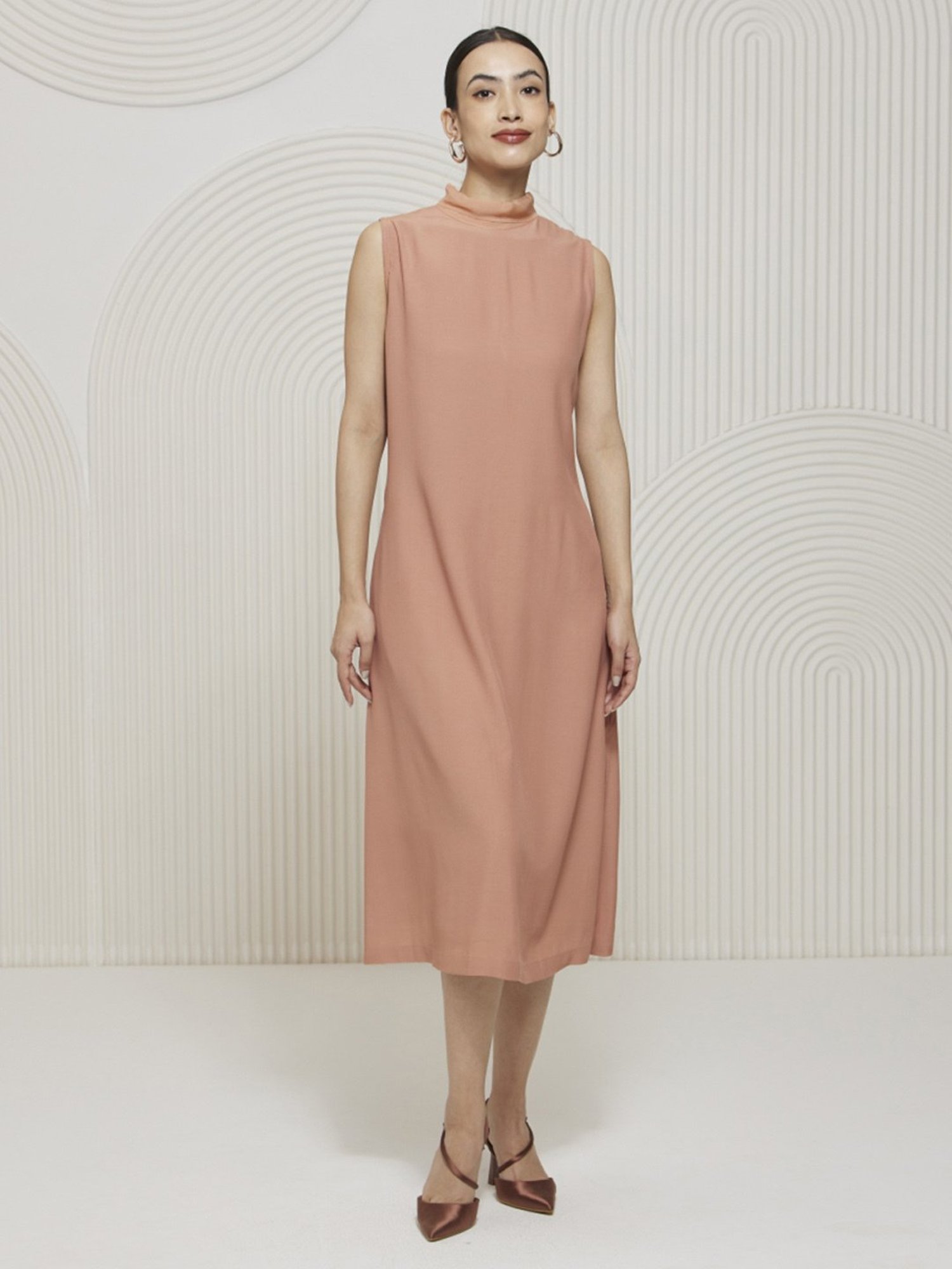 Artagai Salmon Pink Elevated Basics Mock Neck Midi Dress