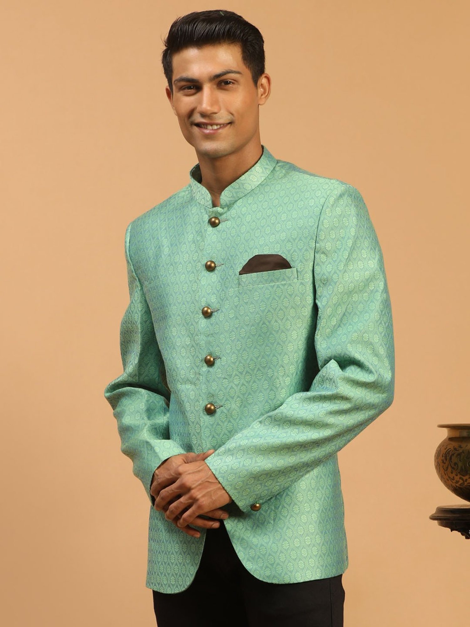VASTRAMAY Mint Green Regular Fit Self Design Ethnic Blazer