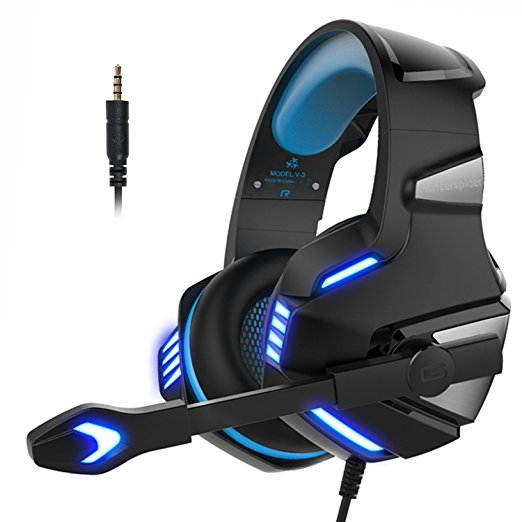 Micolindun Gaming Headset for PS4 Xbox One, Over Ear Gaming Headphones with Mic, Stereo Bass Surround, Noise Reduction, LED Lights and Volume Control for Laptop, PC, Mac, iPad, Smartphones (Blue)