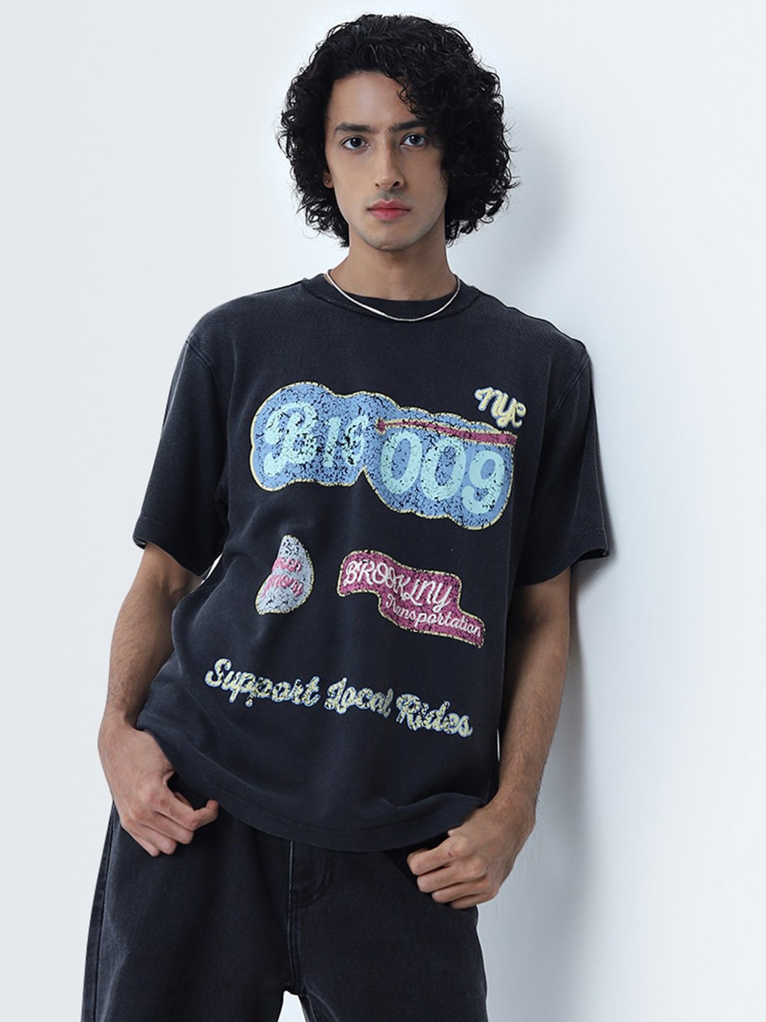 Nuon by Westside Dark Grey Text Printed Relaxed-Fit Cotton T-Shirt