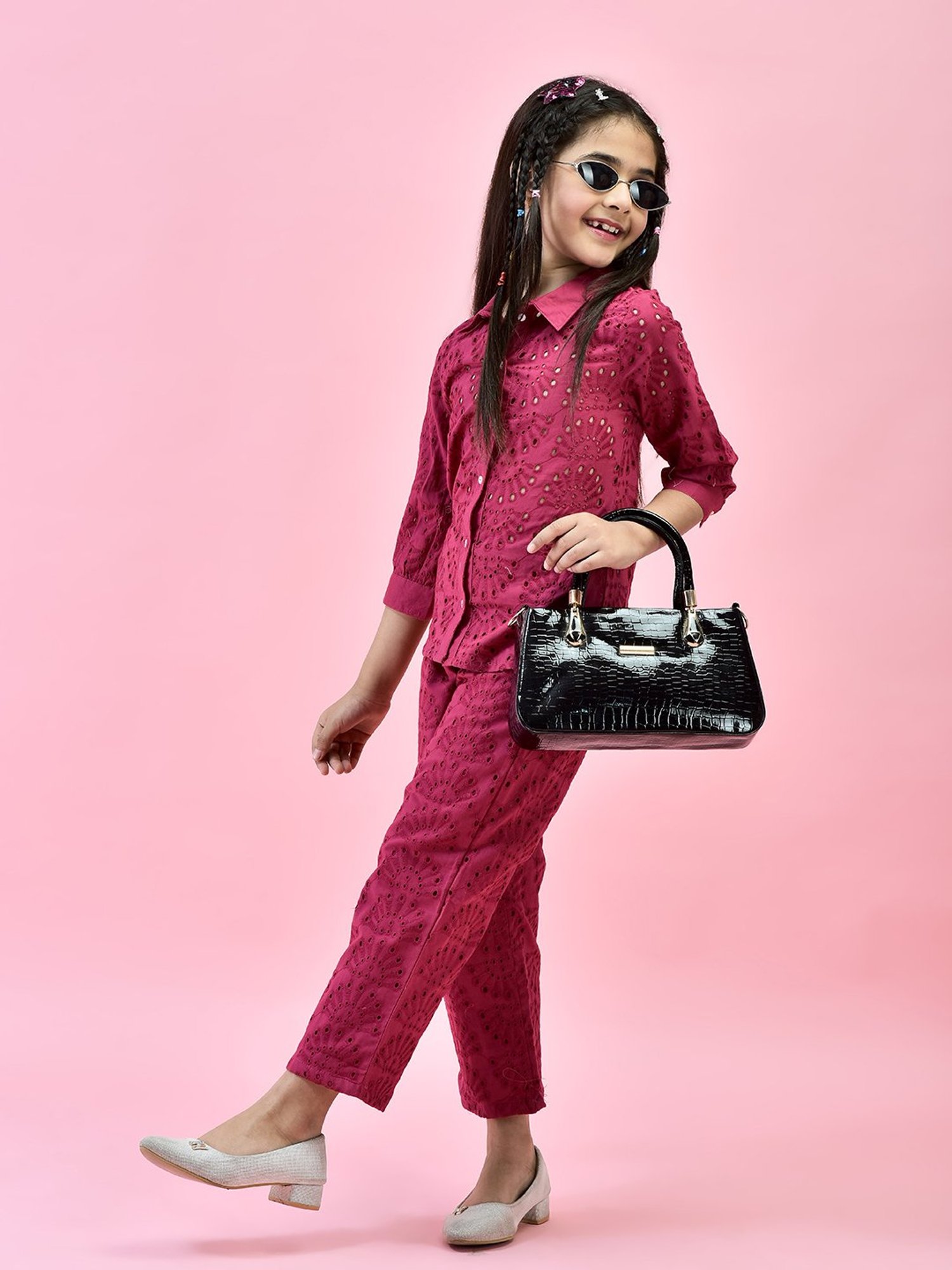 Juniper Girls Pink Self Design Shirt With Pants