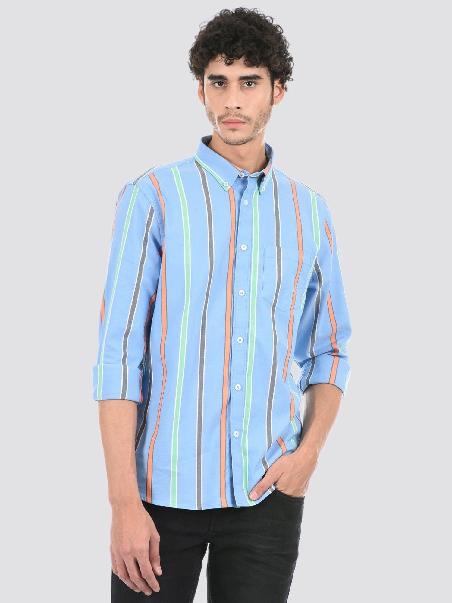 London Fog Blue Regular Fit Striped Shirt