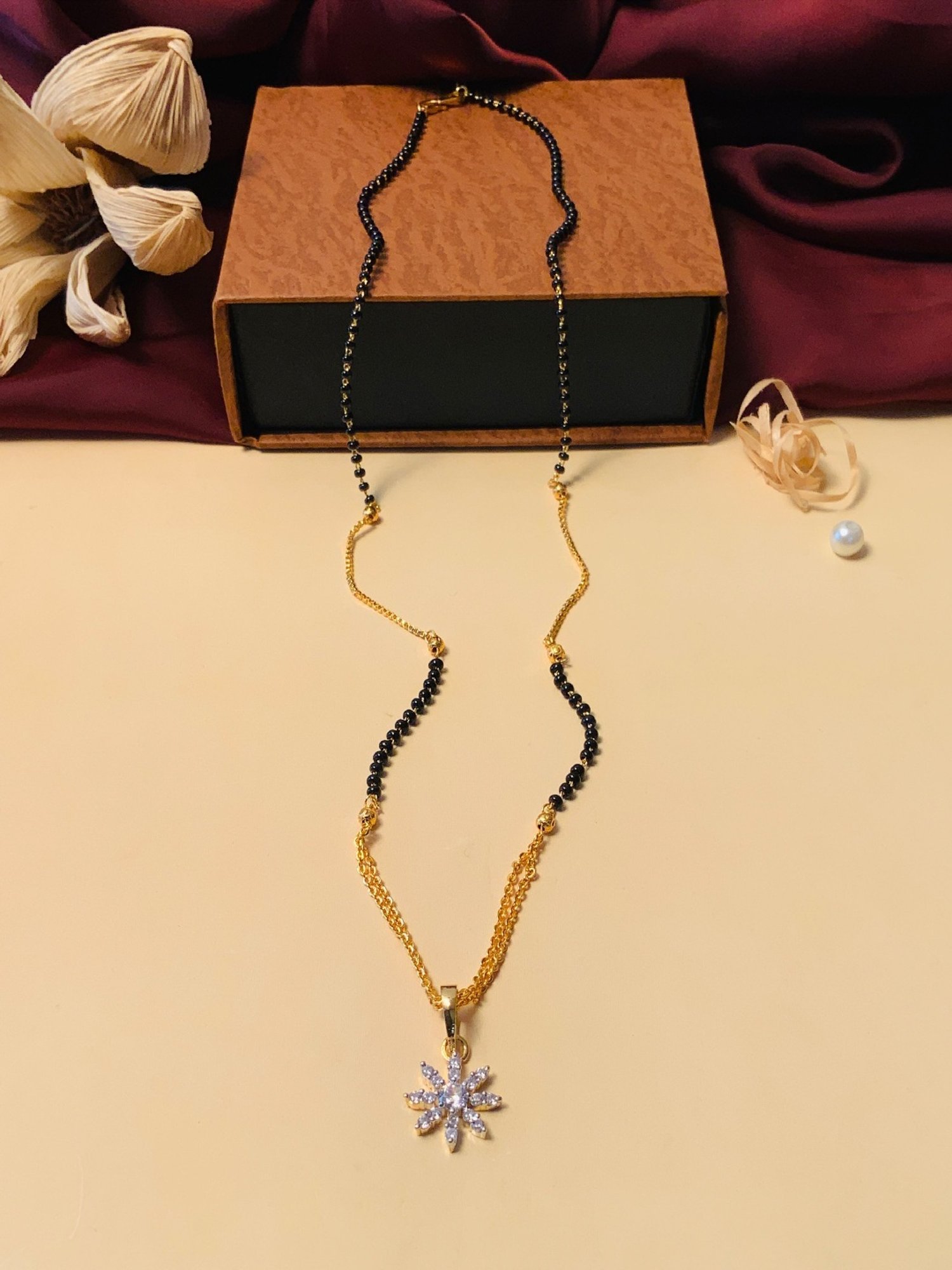 Abdesigns Gold-Plated American Diamond & Black Beaded Mangalsutra