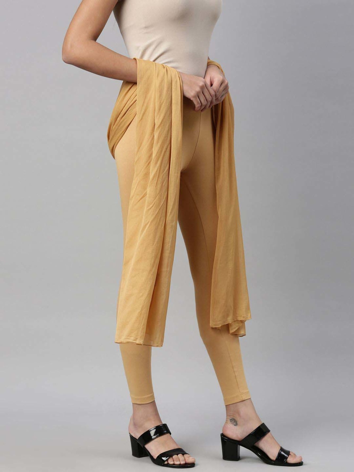 TWIN BIRDS Beige Cotton Ankle Length Leggings With Dupatta
