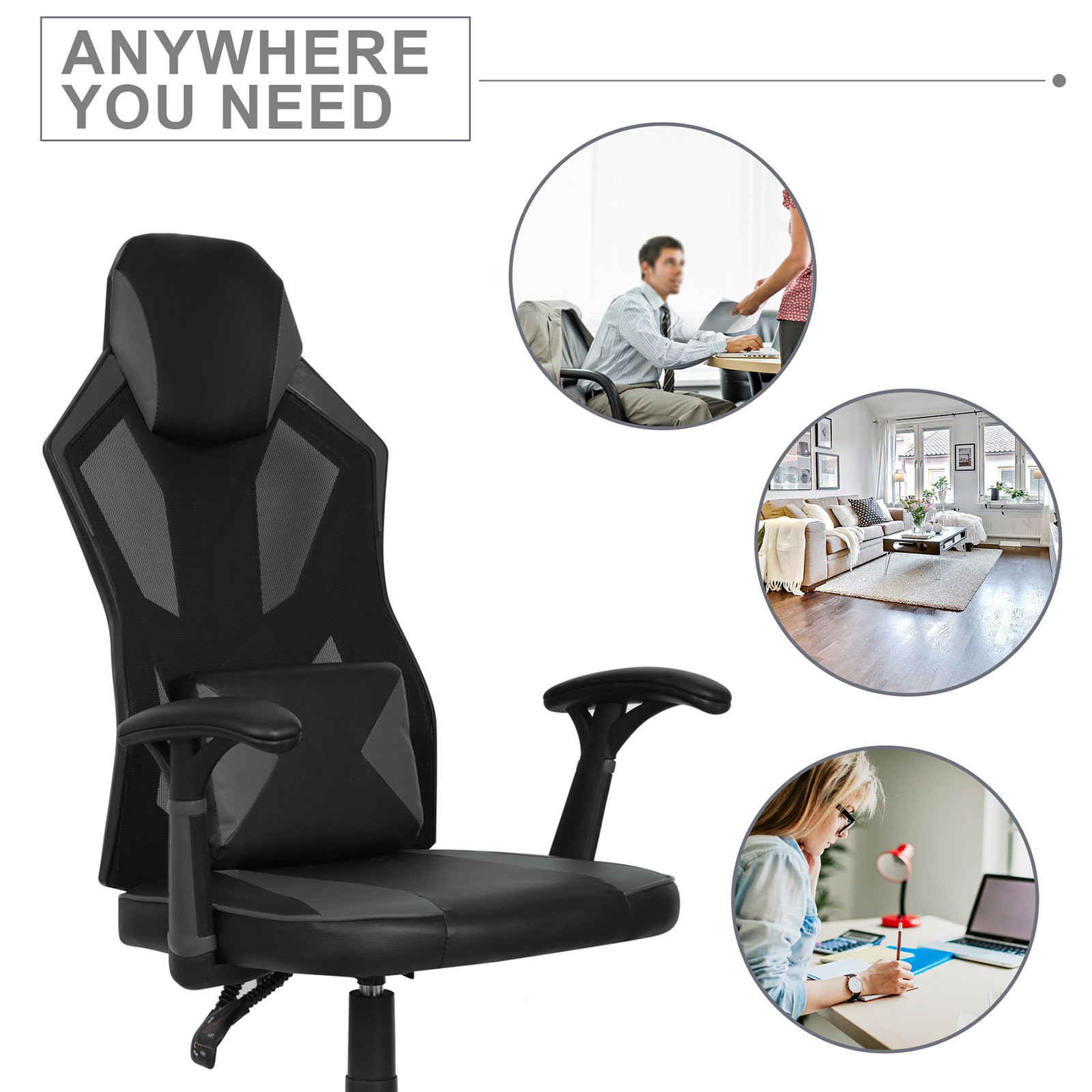 YOUTHUP Office Chair Functional Ergonomic Leather Gaming Chair Swivel Rolling Computer Desk Chair with Lumbar Support,Black and Grey