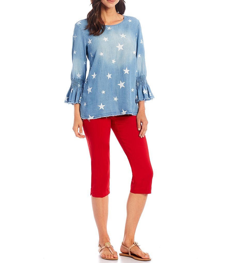 Multiples Petite Size Star Print Tencel Scoop Neck 3/4 Bell Sleeve Fringe Hem Top