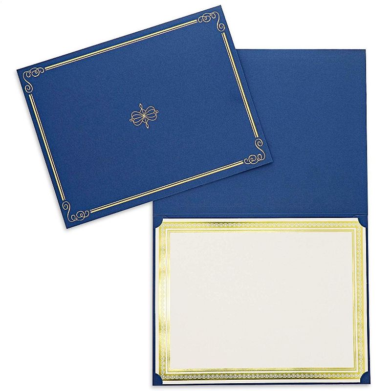 24-Pack Gold Foil Certificate Border Paper and Blue Holders Set (8.5" x 11")
