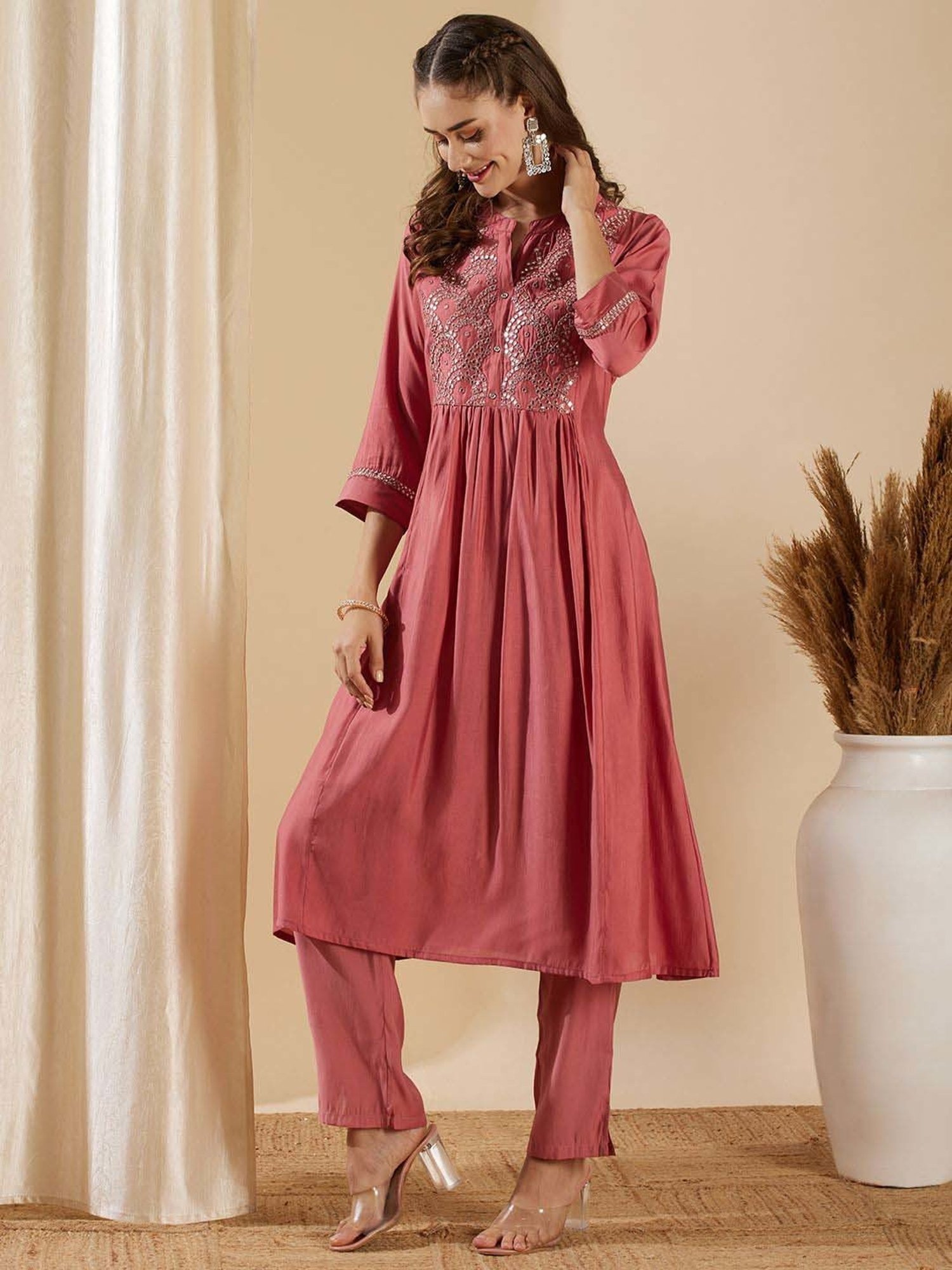 Fashor Pink Embroidered Kurta & Pant Set