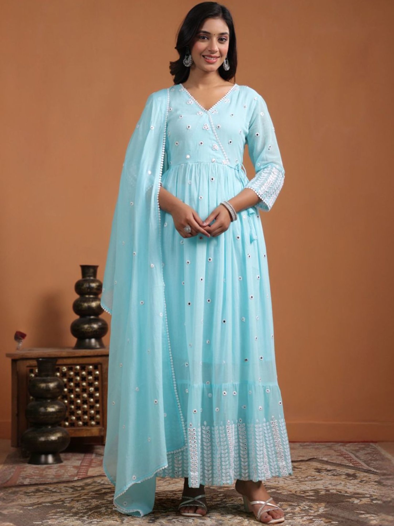 SCAKHI Aqua Blue Mulmul Foilage Mirror Embroidered Angrakha Kurta With Pants And Dupatta