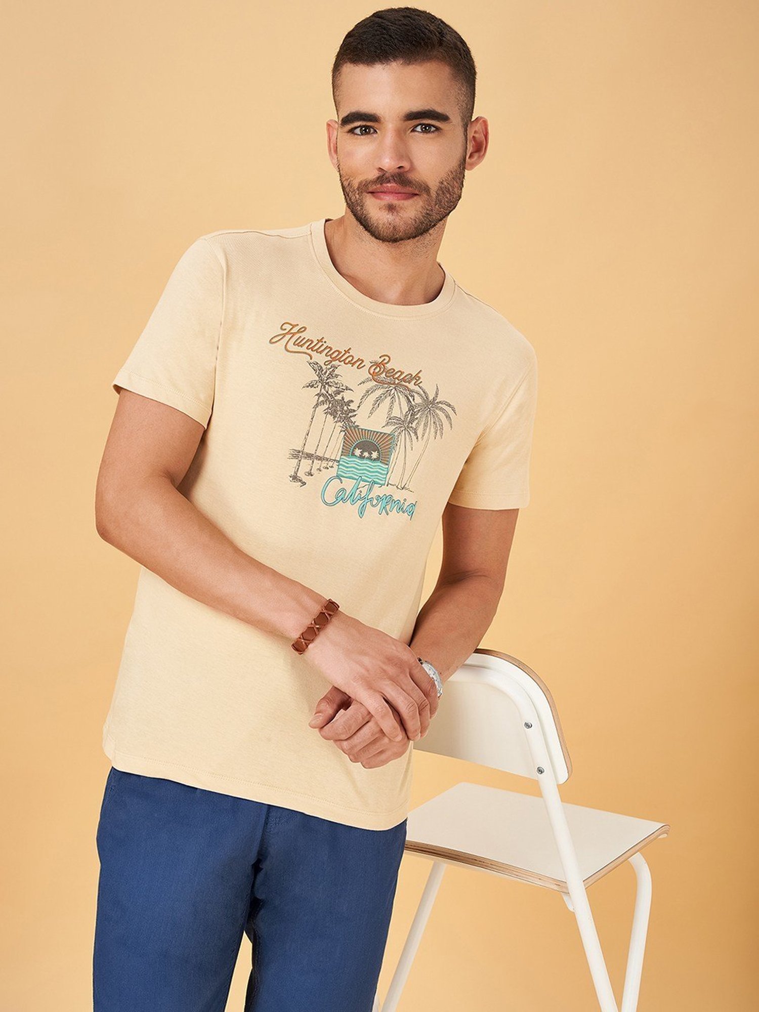 Urban Ranger by Pantaloons Light Beige Cotton Slim Fit Printed T-Shirt