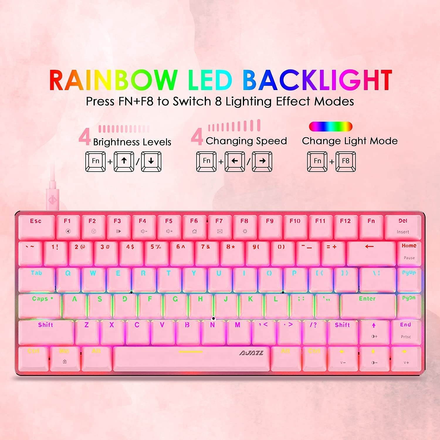 Pink Mechanical Keyboard, Rainbow LED Backlit Detachable USB Cable 82 Keys Compact Gaming Keyboard and Mouse Pad with Anti-Ghosting Key Compatible with Windows PC Laptop Mac Game Office