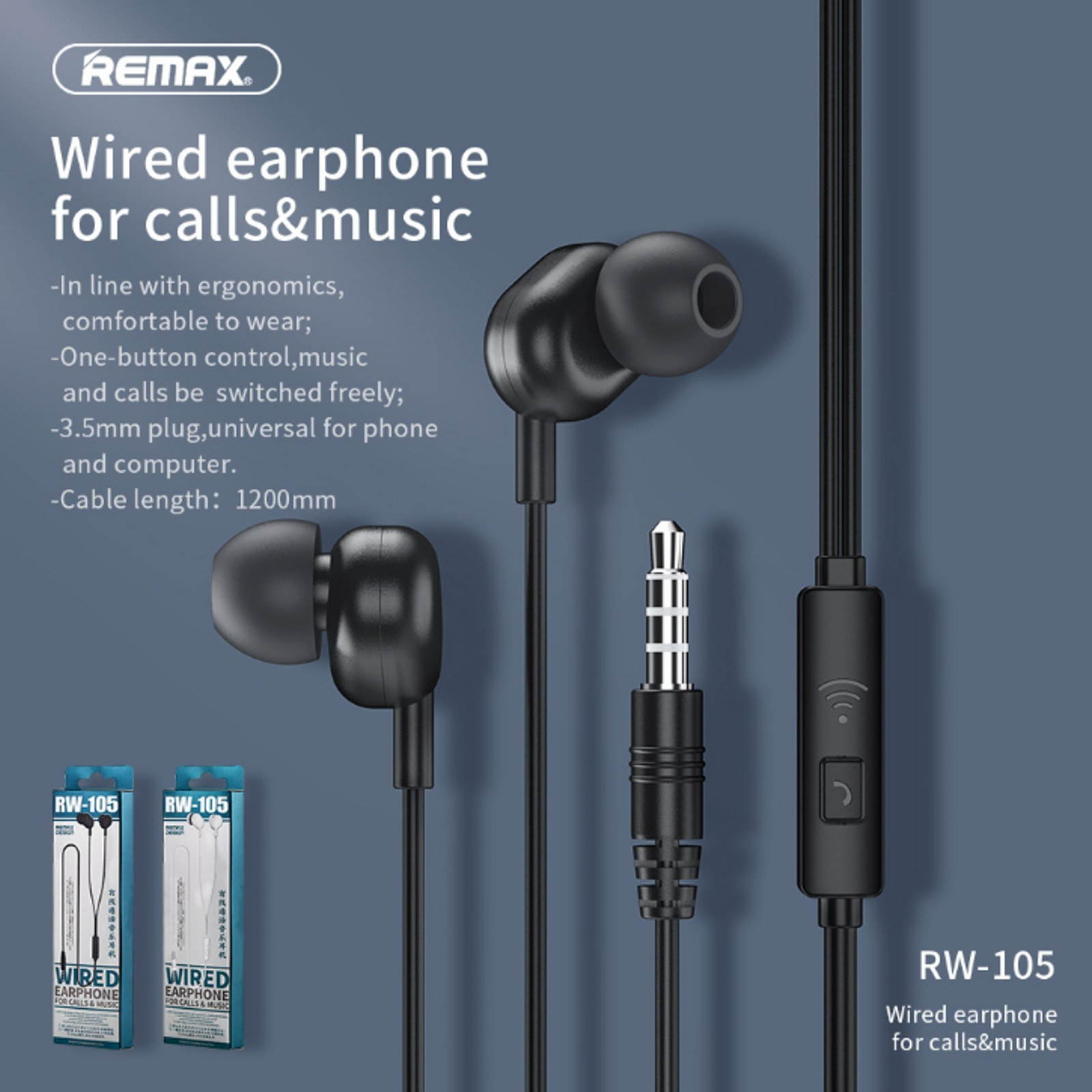 Remax RW-105 In-Ear Clear Sound Wired Earphone Stereo Earbuds with Microphone for Phone Call Music Headphone with 3.5mm Plug Compatible with Phones Tablets Computers