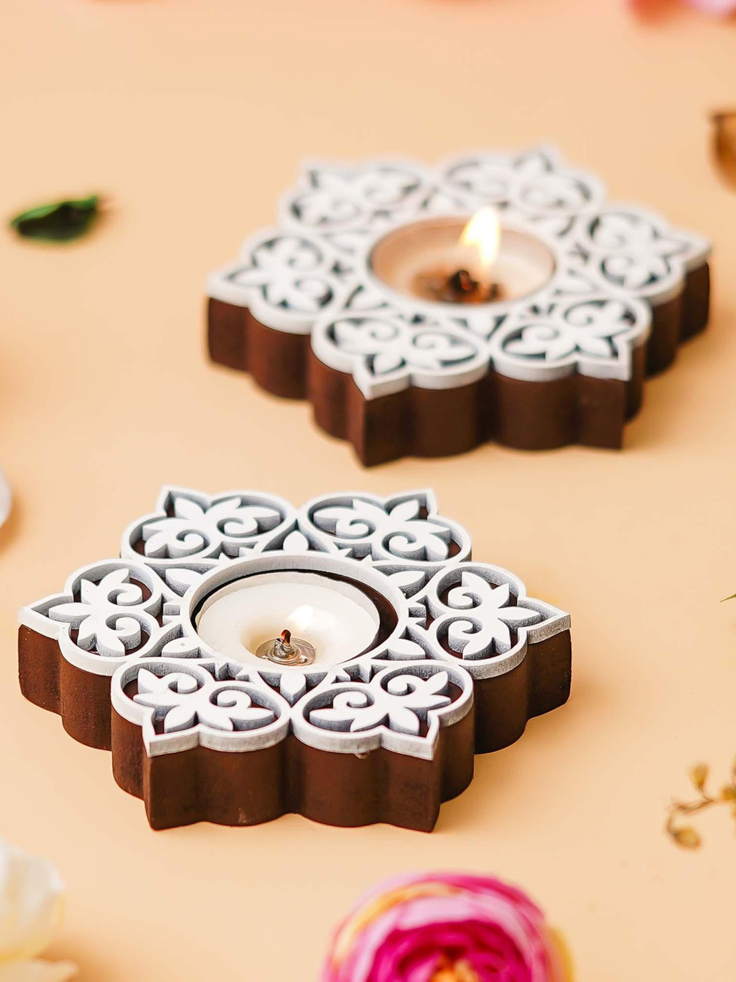 eCraftIndia Set of 12 Wooden Floral Printing Block Decorative Tea Light Candle Holder