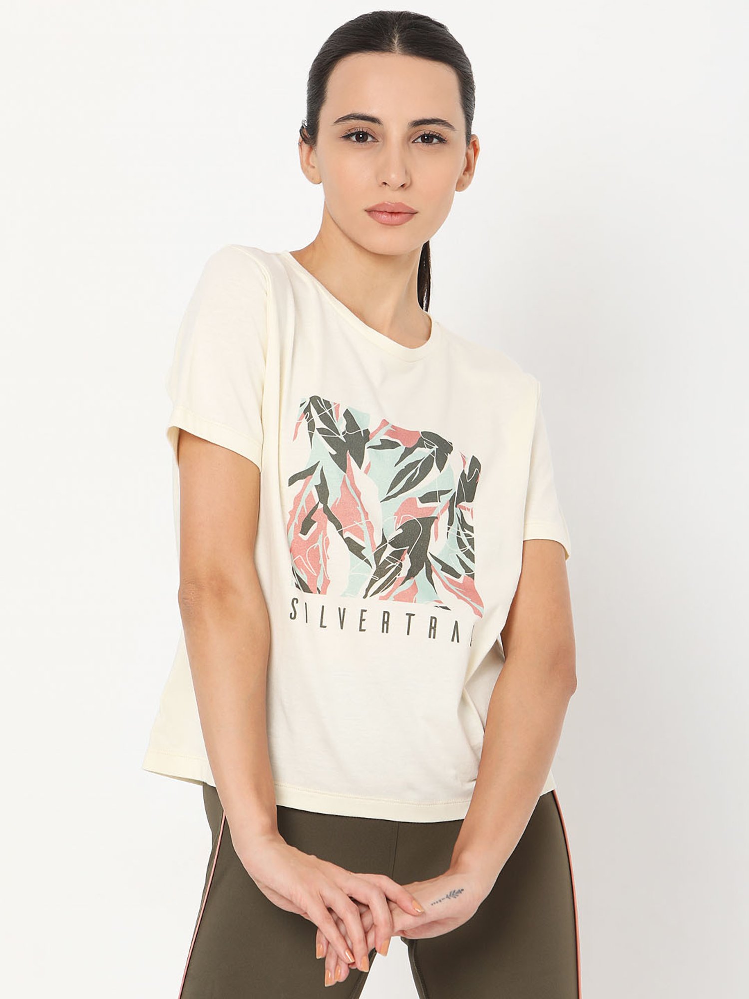 SILVERTRAQ Beige Cotton Printed T-Shirt