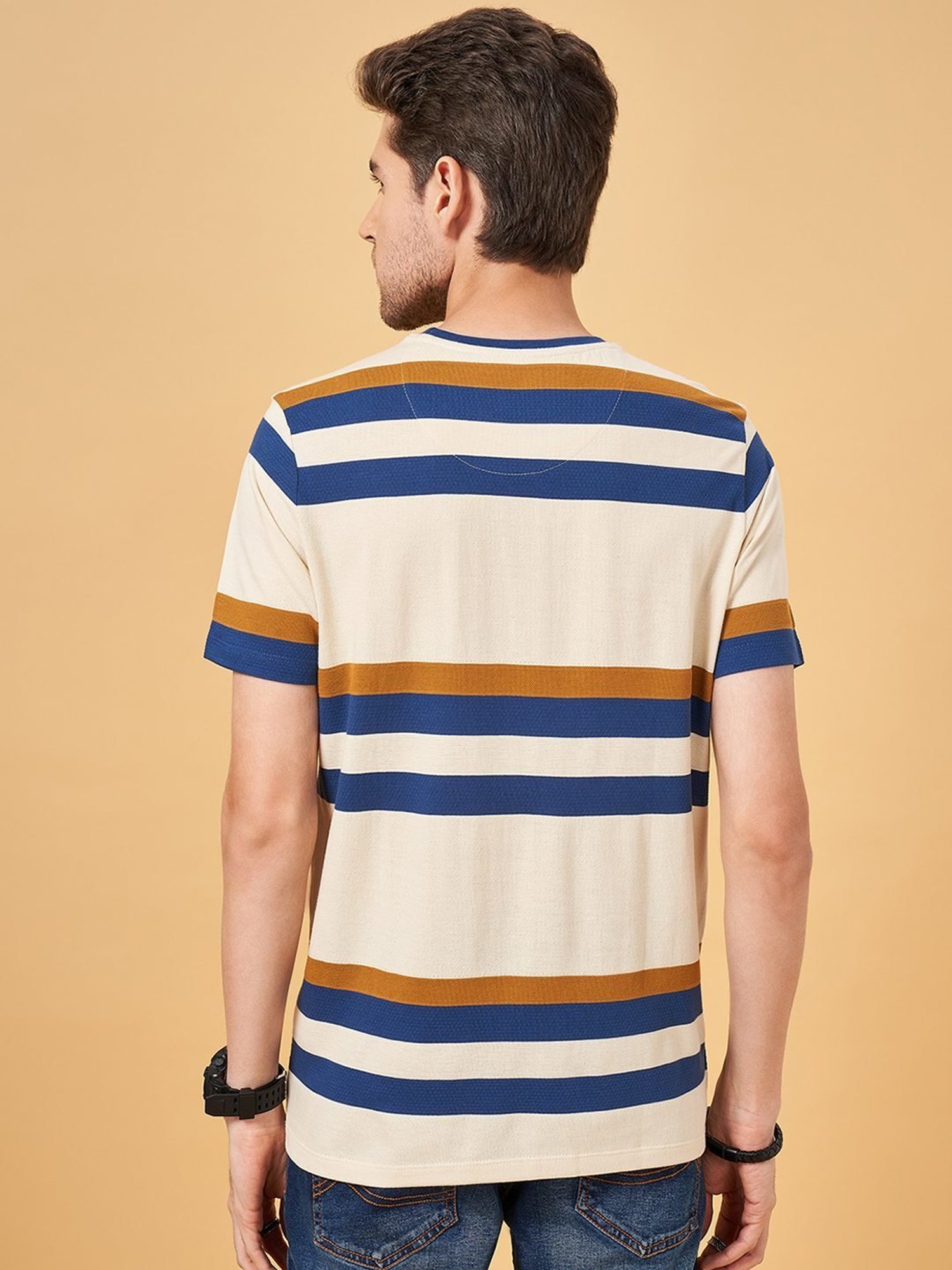 SF Jeans by Pantaloons Mustard Cotton Slim Fit Striped T-Shirt