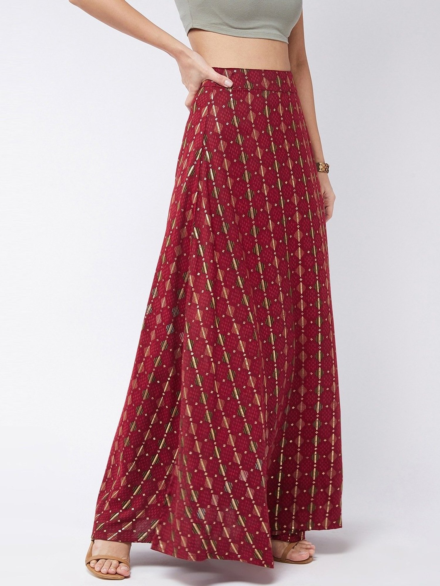 Inweave Red Cotton Printed A-Line Skirt