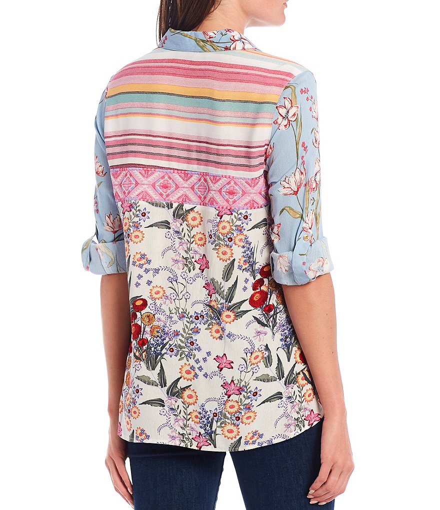Calessa Petite Size Embroidered Detail Mixed Floral Print Button Down Hi-Low Tunic
