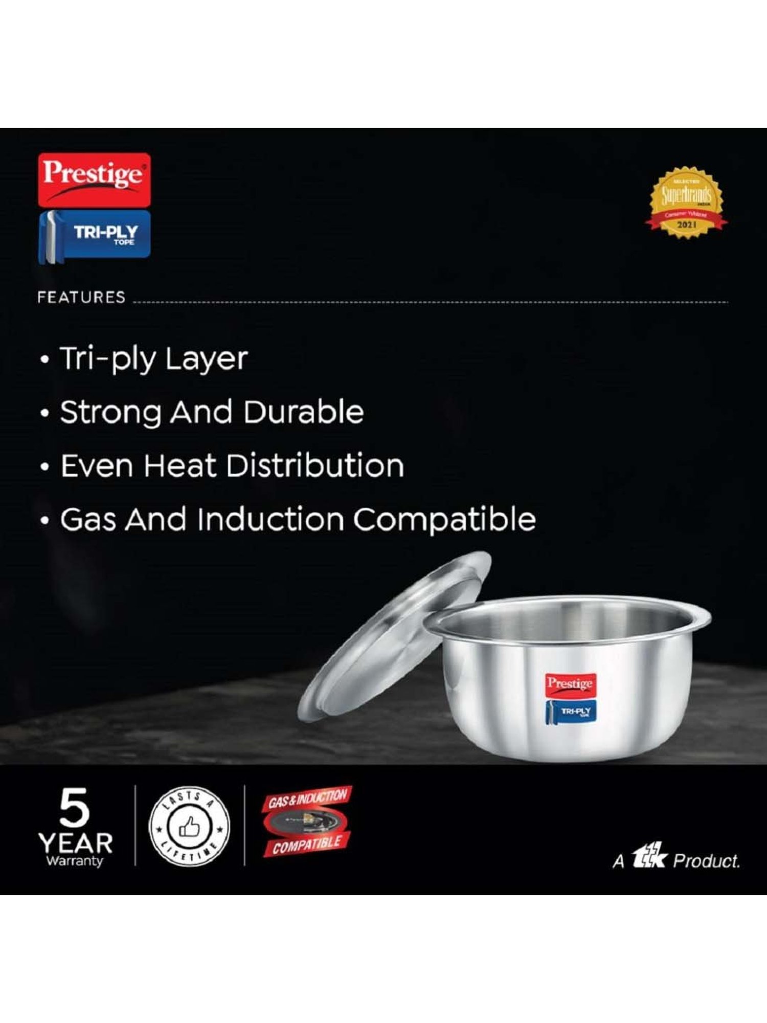 Prestige Silver Tri-Ply 22 cm Induction Compatible Tope With Lid (3.9 L) - Set of 1
