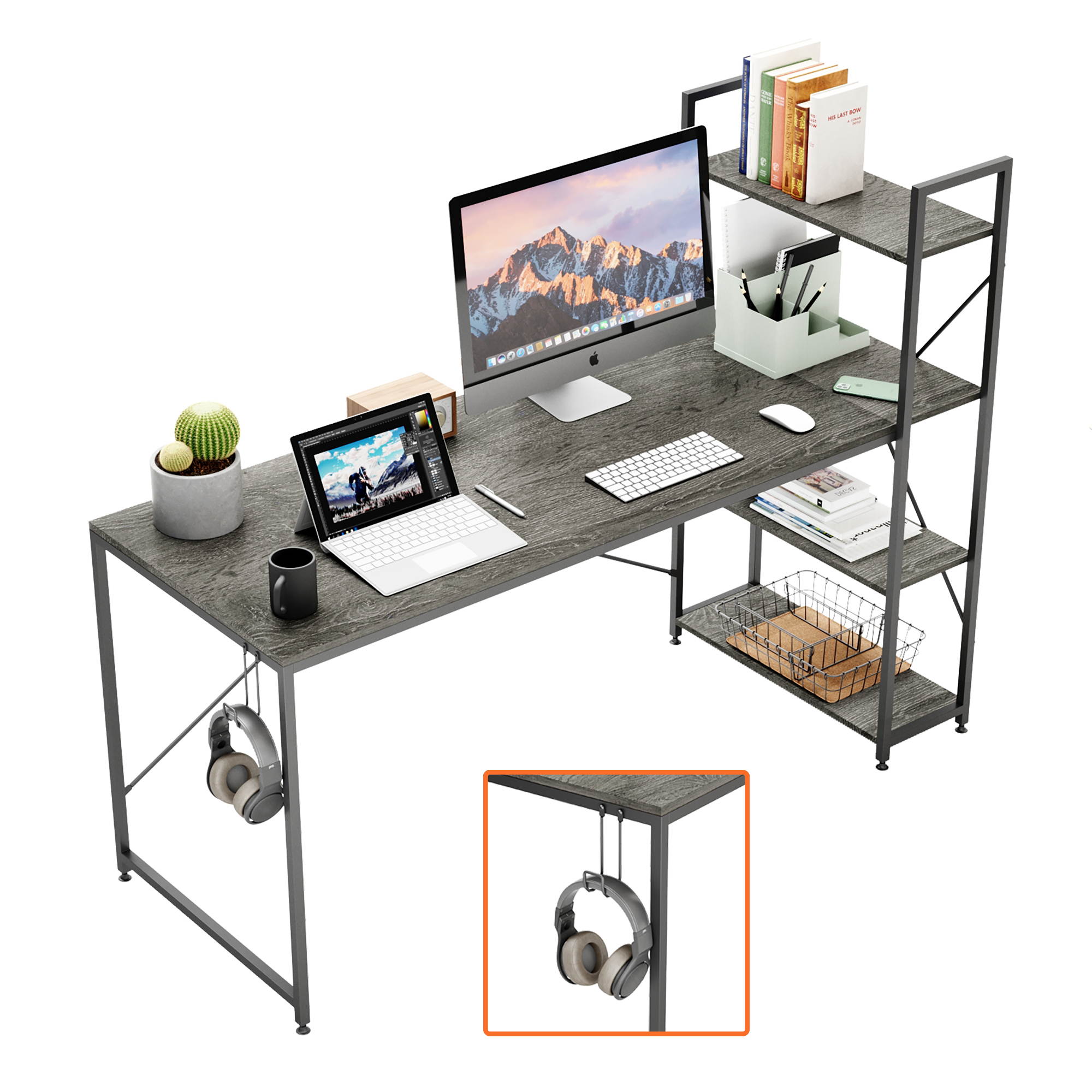 Bestier 63 Inch Computer Desk with Storage Shelves, Modern Bookshelf Desk with Headphone Hook Large Workstation Writing Desk with Reversible Bookshelves Home Office Work Table Study Desk Grey