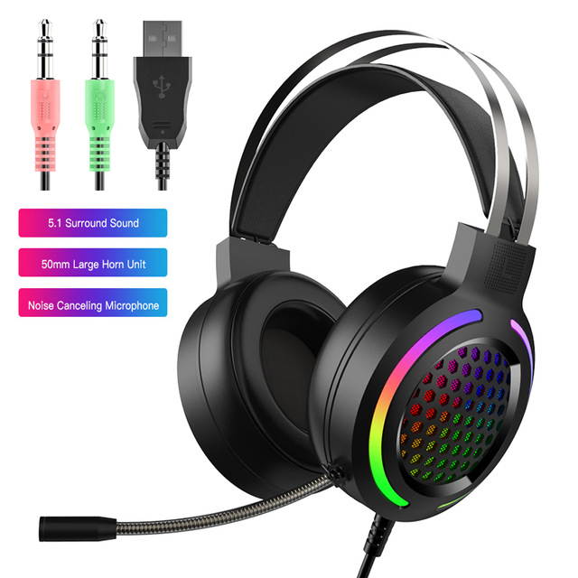 Gaming Headset with 7.1 Surround Sound,PC Lightweight Headset with Noise Canceling Mic,Bass Surround,Soft Memory Earmuffs,Rainbow LED Backlit for PC,PS4,Xbox One Controller(Adapter Not Included)(Pink)