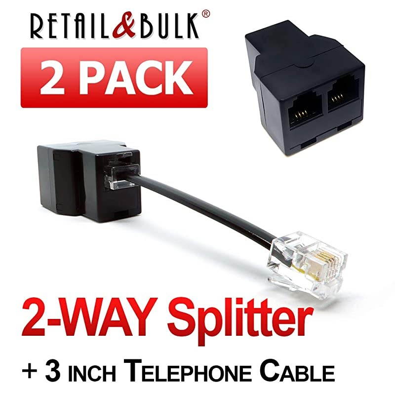 RJ11 Splitter Female To Female Telephone Line Adapter with Cable Black 2PACK
