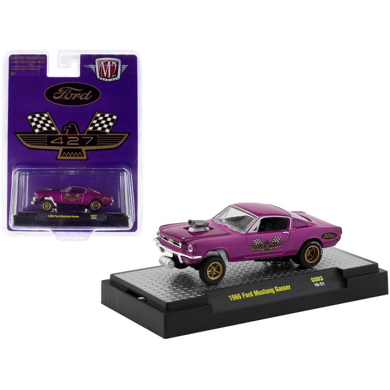 1966 Ford Mustang Gasser Purple Metallic with Gold Wheels "427" Ltd Ed 3600 pcs 1/64 Diecast Model Car by M2 Machines