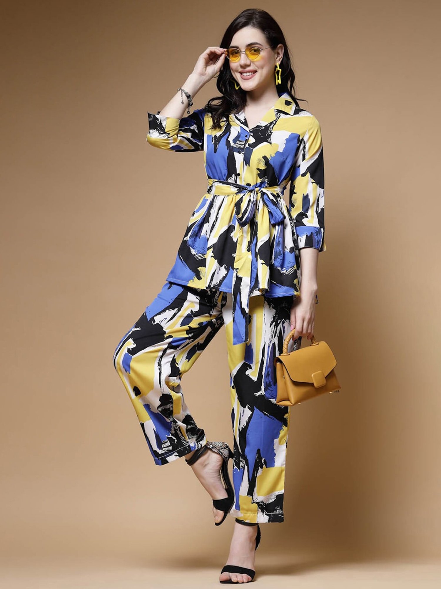 Melon by PlusS Multicolored Printed Shirt Pant Set With Waist Belt