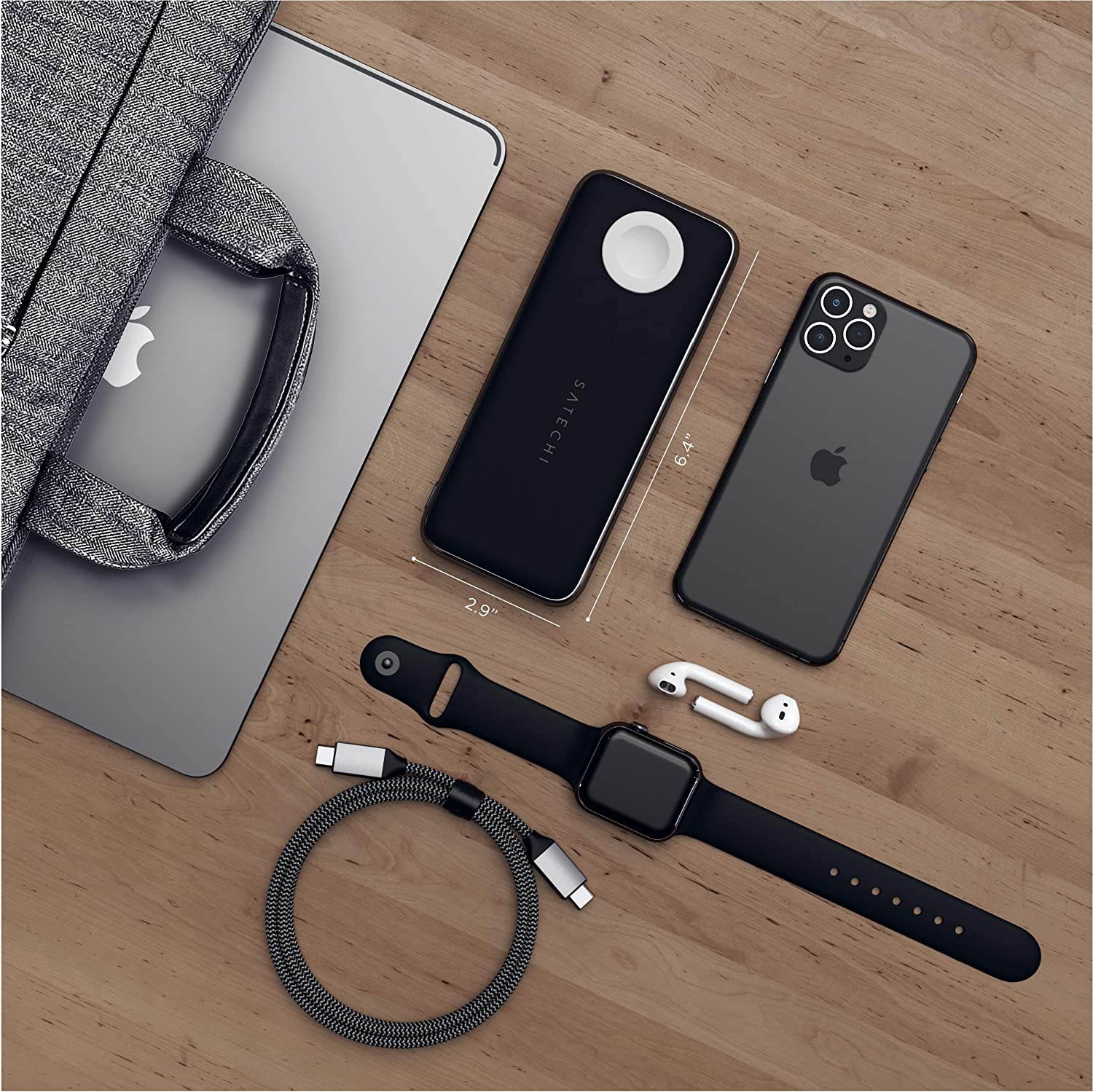 Satechi Quatro Wireless Power Bank &ndash; 10,000 mAh Portable Charger &ndash; Compatible with iPhone 11 Pro Max/11 Pro/11, Apple Watch Series 5/4/3/2/1, AirPods Pro