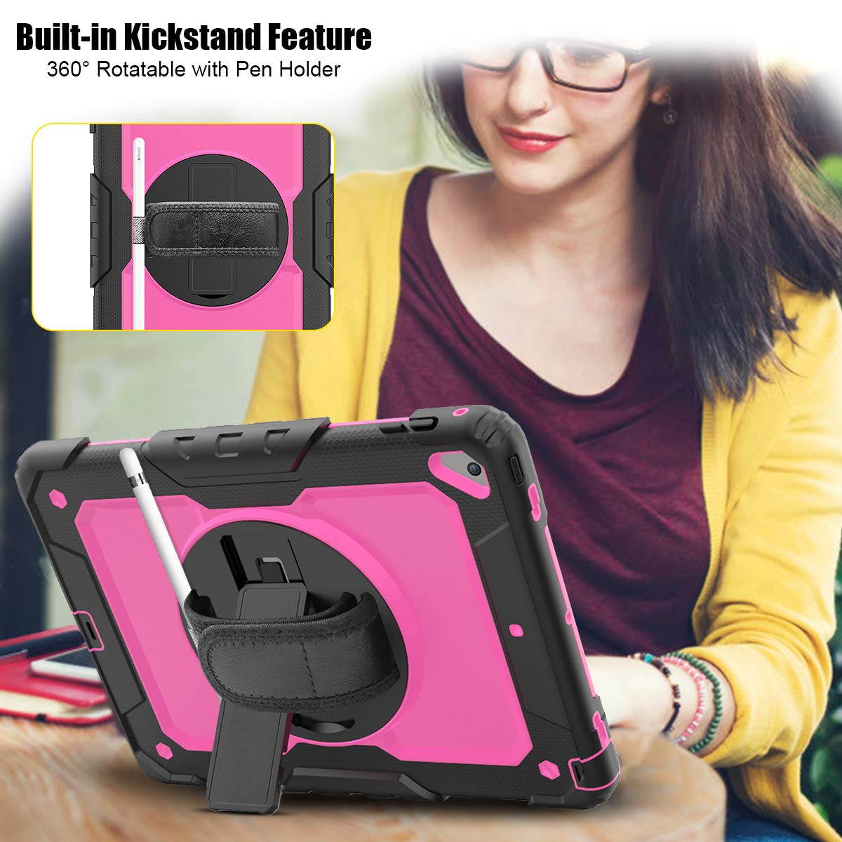 IPad 5th/6th Generation Case,Shockproof, Drop proof, 360 Degree Rotation Kickstand, Hand Strap,Shoulder Strip to Hang in Car Seat.Built-in Screen Protector for New iPad 9.7 2018/2017 Case